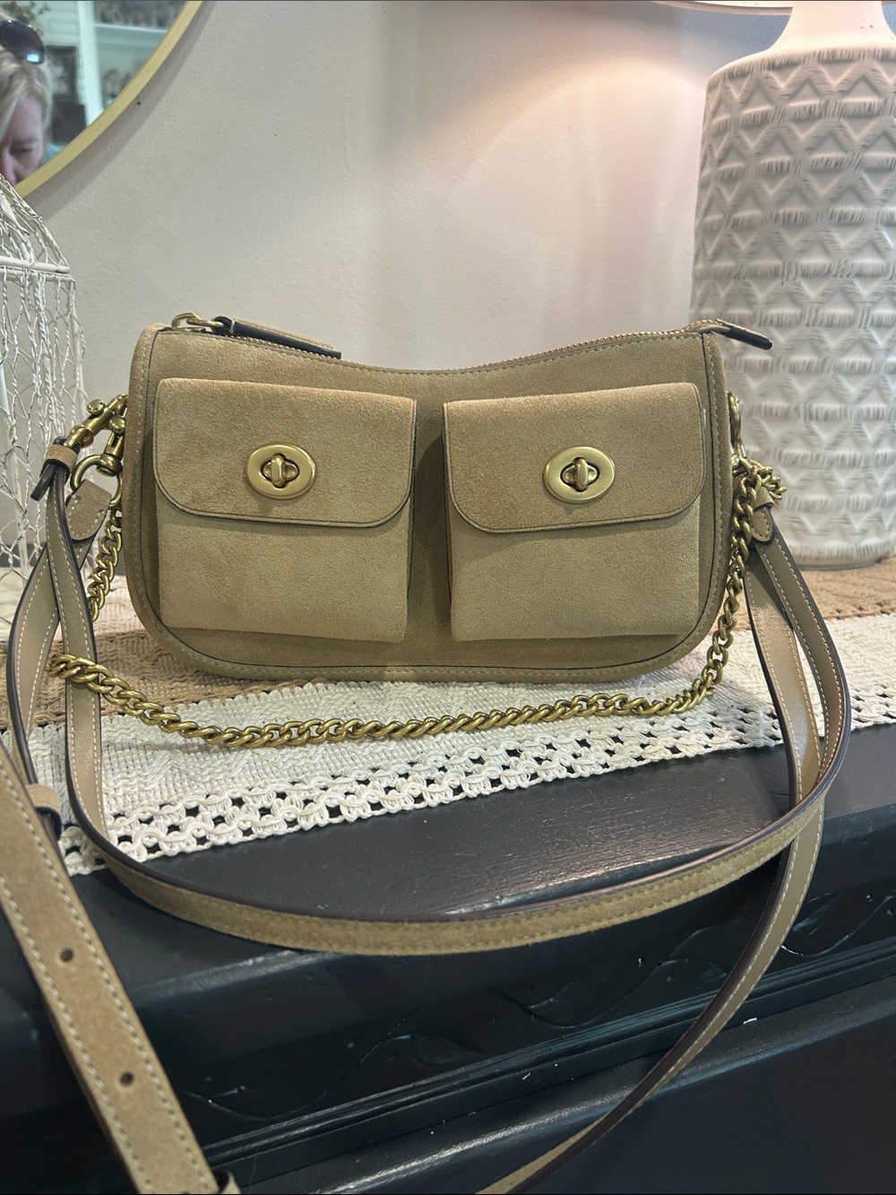 Coach Twin Turn-lock Waverly Suede Dual-Pocket Convertible  Bag in Khaki